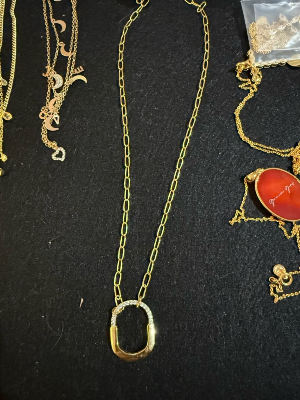 Gold Paperclip Necklace with Pave Oval-Carabiner Pendant — Women’s Necklace